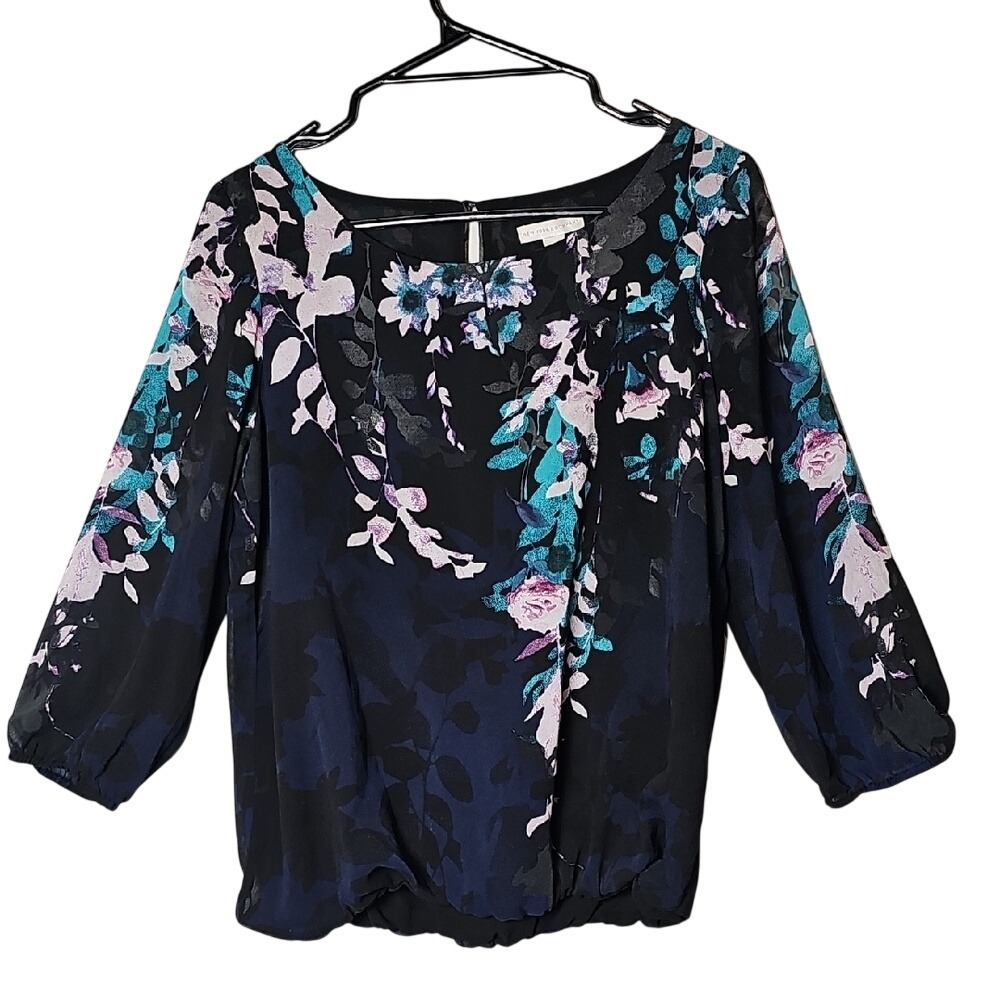 New York & Co Black Navy Blue Floral 3/4 Sleeve Semi Sheer Blouse Size Small